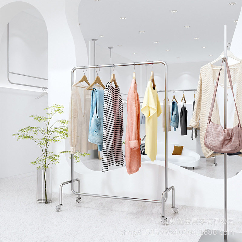 直播专用展示架不锈钢拉丝服装架中岛落地式挂衣架银色带轮陈列架,淘宝优惠券,粉丝福利购,淘宝优惠卷