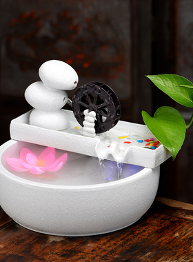 精选陶瓷风水轮流水摆件桌面小水车办公装饰招财室内喷泉鱼缸加湿