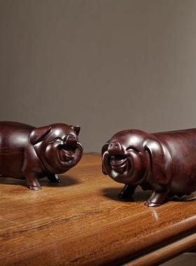 黑檀实木质雕刻一对猪摆件十二生肖木制猪吉祥物客厅装饰工艺礼品