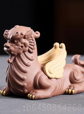 高档招财貔饰貅紫砂摆家件陶瓷居客厅茶桌面茶台茶宠设精品装摆工