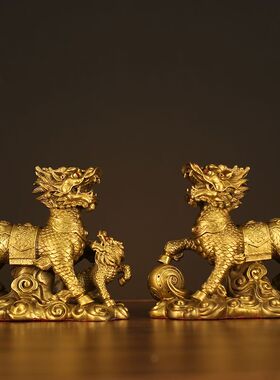 麒麟摆件一对戏珠送子铜麒麟黄铜家用卧室客厅门口店铺办公室家居