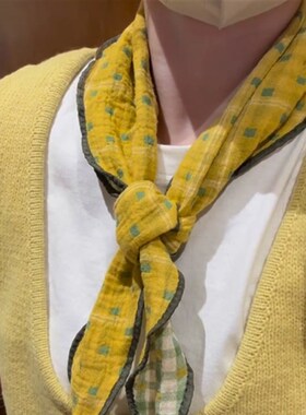 zoozmingi早春草绿黄格纹丝巾女双面三角巾森系棉质领巾系脖子颈