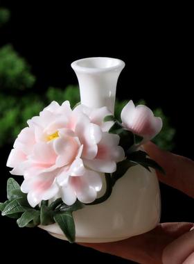 中式客厅插花摆设家居摆件装饰品纯手工花瓶手捏陶瓷花冰种玉瓷
