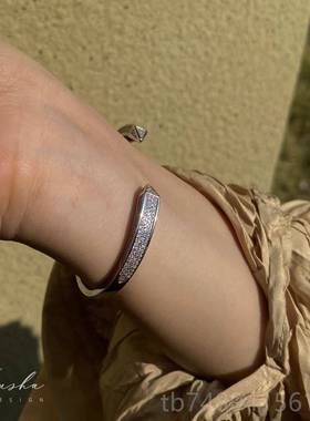 正品TUSH重工闪钻群镶S95纯银手镯女开口A轻奢小众Y礼物气质高2级