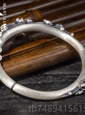 正品寸银坊云南手工制作圆复古立体工艺刻柱实心梅雕花手高镯.匠