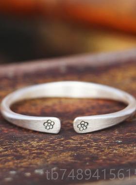 正品9女99纯银手原设计实创心磨砂古法复古梅花手镯工送友闺蜜