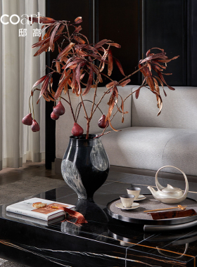 精选邸高家居新中式设计客厅茶几装饰盖碗云纹饰盘木托盘染银茶具