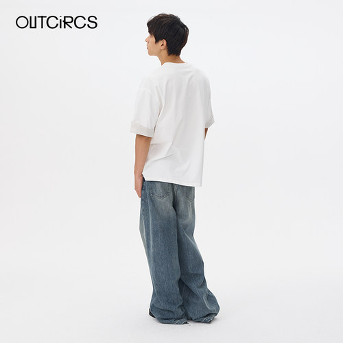 OUTCiRCS条纹拼接袖口T恤秋季男女纯棉弹力百搭休闲假两件短袖 - 图1