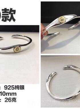 高档老同银匠高桥纯羽毛鹰银绿松石开口手镯个性复不古宽版情侣素