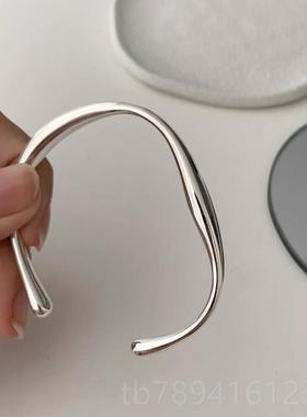 高档重工925纯银不规则性流线银手女镯小众简约镯s子开口手个镯银