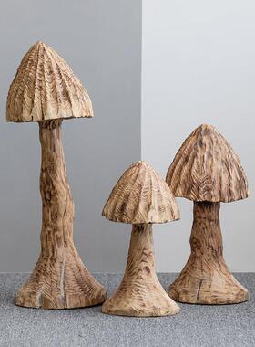 创意实木蘑菇落地摆件样板房客厅玄关软装饰酒店大堂样品屋展示中