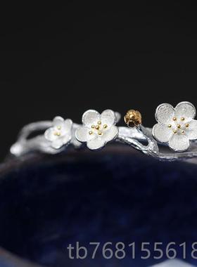 正品入梦镯久s925纯银手女开口手工银文艺梅花饰长花朵饰品创意礼