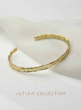 正品JUIAN韩版纯银手镯女 年款轻简约T冷淡性风金箔纹开口个学生