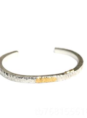 正品偶屿大淘金925纯银木纹手镯足手击金错金浪敲开口镯原创手工