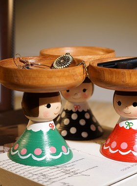 木雕娃娃顶托盘熊猫收纳罐钥匙首饰储物盒玄关入户创意小摆件礼物