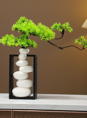 时来运转平衡石头迎客松花瓶新中式摆件客厅家居饰品电视柜高级感