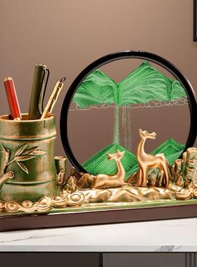 招财鹿节节高升笔筒流沙画摆件办公室桌面装饰品送老师教师节礼物