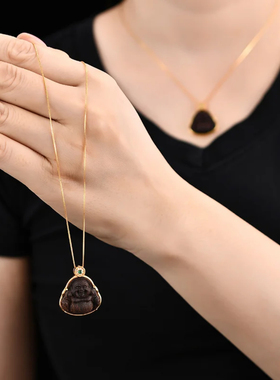 天然沉香吊坠弥勒佛项链女款925银镀金锁骨链轻奢小众设计