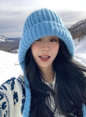 蓝色针织帽子女冬季巴拉克拉法帽