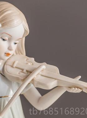 高档西柜洋女孩拉小提琴陶瓷雕塑摆摆件酒柜电视饰工艺品家居饰装