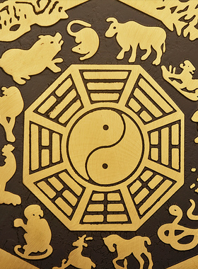 铜双剑十二生肖八卦盾牌摆件 纯铜平面八卦镜子 家用路冲尖角挂件