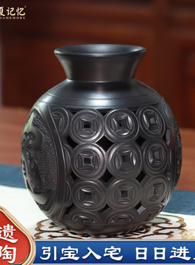 非遗济南特色文创龙山黑陶工艺品聚宝盆招财进宝罐开业礼品摆件