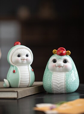精选创意陶瓷蛇摆件蛇年可爱生肖吉祥物工艺品招财家居风水装饰小