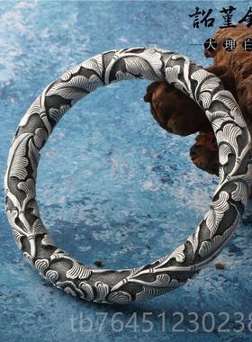 高档浮花雕银手环银镯开复富贵牡丹银花镯子古民族风银饰盛放牡丹