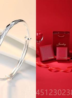 高档正品99友9品9纯拉银手镯子女实心水立方推银饰七夕情人节送女