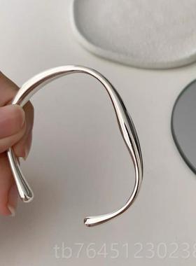 高档流工s925纯银重不规则个性线银银手镯小众简约镯子开口手镯女