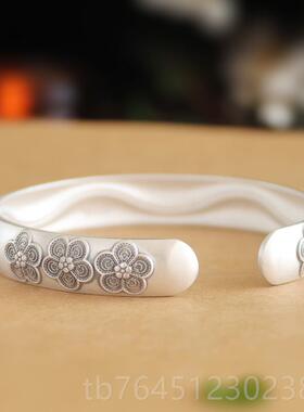 高档银手镯女复古礼梅老花999足银镯子实心哑光雕纯花开口送妈妈