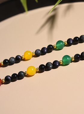 天然彩曜石锁骨链子6mm毛衣链小佛牌唐卡水晶手工编织绳吊坠项链