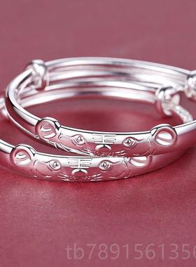 高档鼠猪宝宝足女银9999纯银手子婴儿童长锁男小孩满月百镯命日周