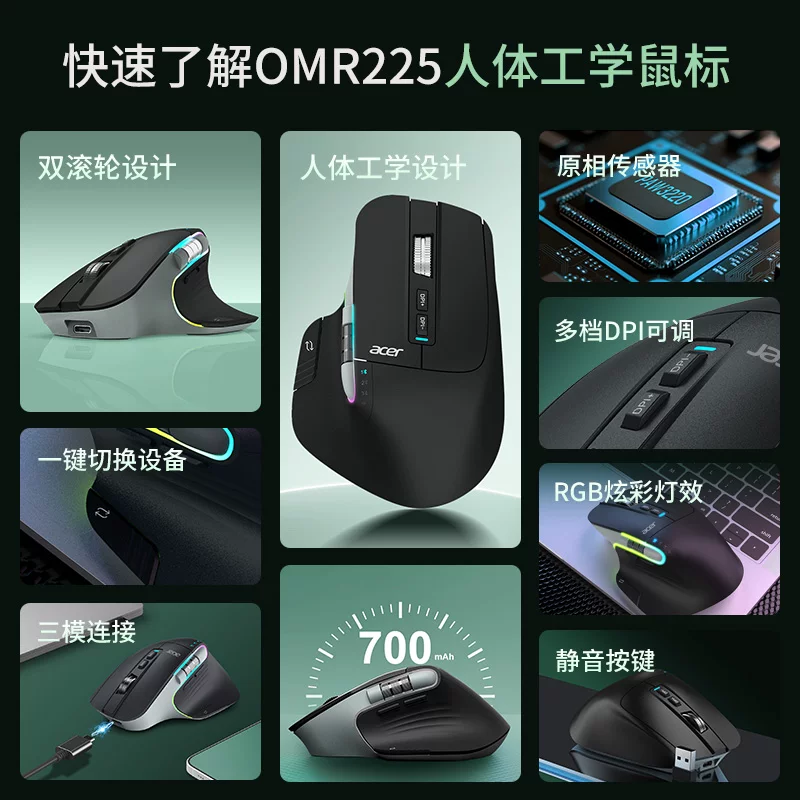 Беспроводная мышь Acer Bluetooth с тремя режимами, эргономичная с двойным роликом, для большой руки, бесшумная мышь для компьютера
