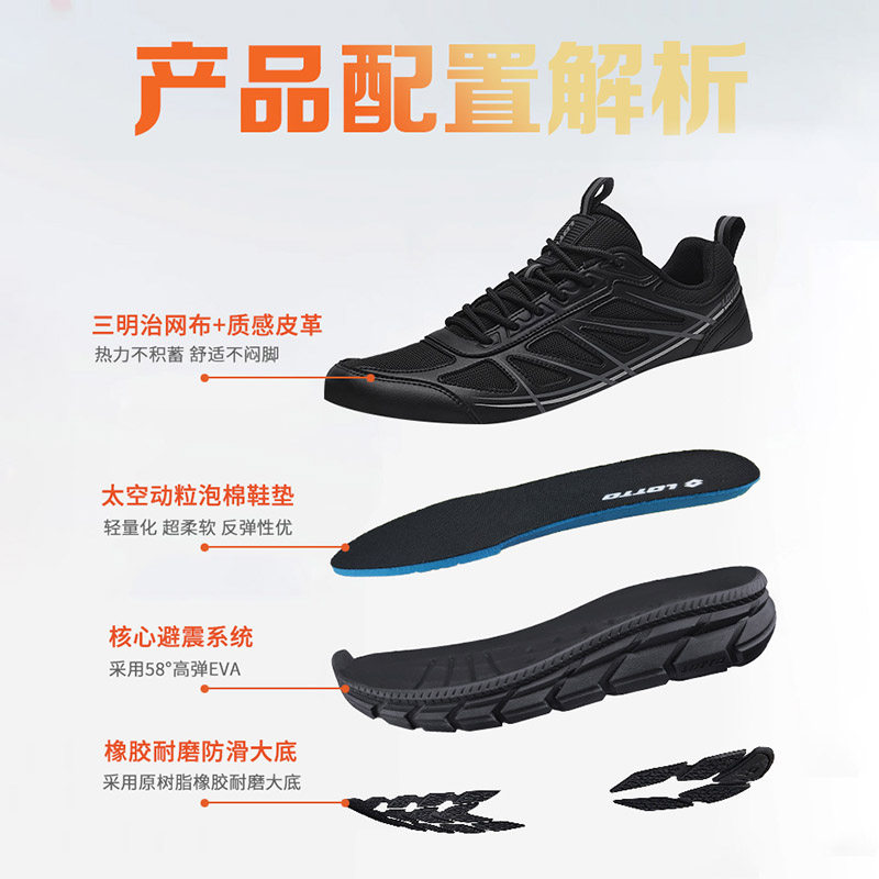 LOTTO乐途男黑色网面运动鞋厚底休闲鞋2025春季新款透气减震跑鞋,淘宝优惠券,粉丝福利购,淘宝优惠卷