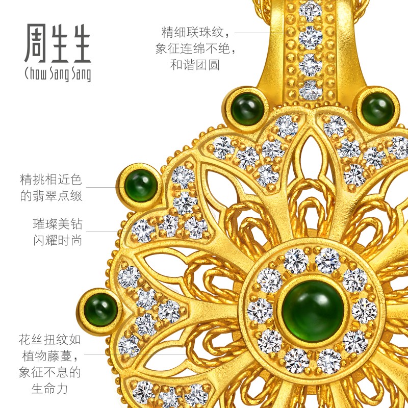 周生生华宇黄金东方古祖足金镶嵌钻石翡翠曼陀罗项链95826N定价 - 图1