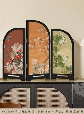 中古风墨竹花鸟小屏风客厅桌面摆件装饰品覆古艺术玄关电视柜摆画