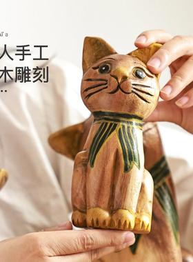 异丽泰国实木工艺品创意猫咪摆件客厅电视柜暹罗猫家居桌面装饰品