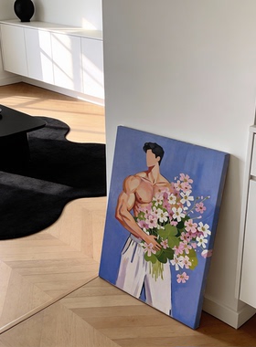 蓝色调氛围感小众艺术花束胸肌男体卡通油画挂画肌肉男艺术装饰画