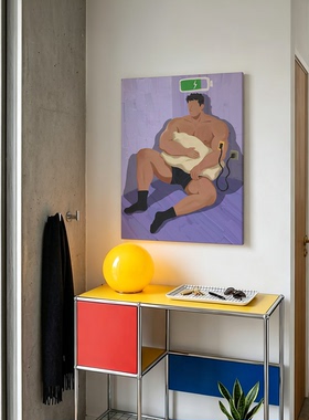 蓄能时刻趣味脑洞插画插电肌肉男生装饰画现代简约公寓个性挂画