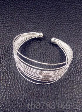 高档95纯银手镯圈女半银多线环多镯层活口开口银2子手环生日礼物