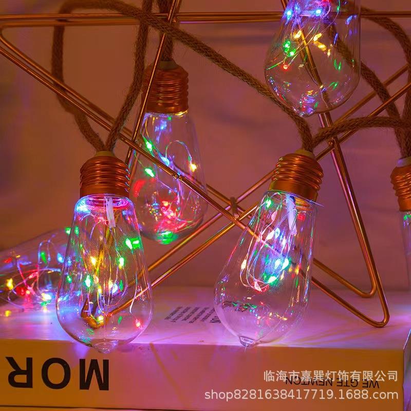 Solar hemp rope light string courtyard copper wire light bulb outdoor waterproof camping decoration Christmas lights B&B