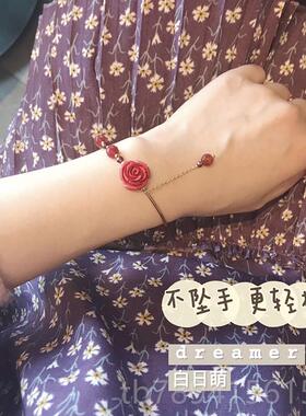 高档日萌瑰花水晶手链女朱砂石石精致纯银轻白奢手玫镯闺榴蜜小众
