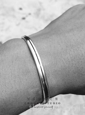 高档简9约线条镯99纯银 手欧潮流男士复古开口情侣刻字定制美七夕