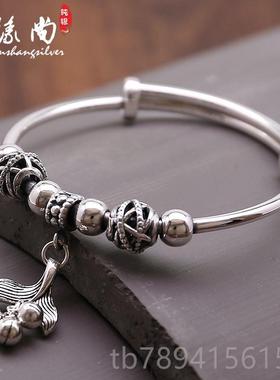 高档足银9999纯银手镯复古质流苏款气鱼吊坠圆女珠女镯子推拉送友