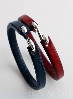 高档一休高吾郎进口本枥木鞍日革藏青枣红皮色925桥纯银钩手环手