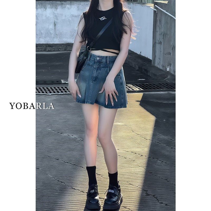 复古高腰百褶牛仔短裙女夏季新款大码胖mm显瘦梨型身材a字半身裙,淘宝优惠券,粉丝福利购,淘宝优惠卷