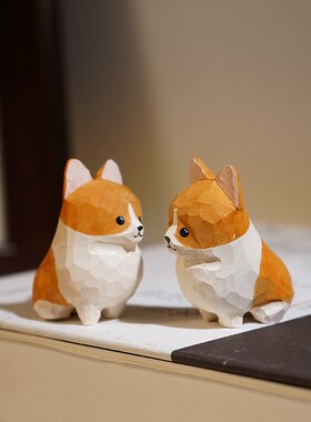 【精品版】小柯基手工木雕小摆件卡通可爱小狗动物桌面装饰品礼物
