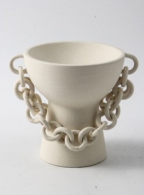 复古怀旧侘寂风新中式创意陶瓷链条花瓶摆件样板间酒店果盘装饰品