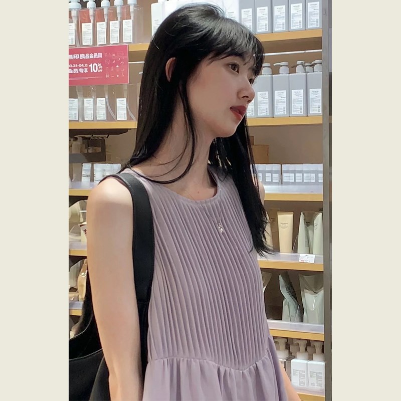 高级感紫色连衣裙女夏季新款小众宽松显瘦小个子无袖长裙背心裙 - 图0